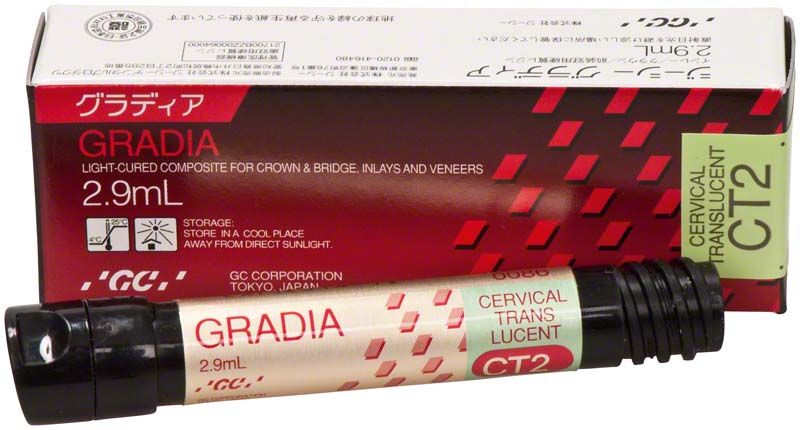 Gradia Cervical Translucent CT2 Komposit, 2,9 ml Tube vor Verpackung.