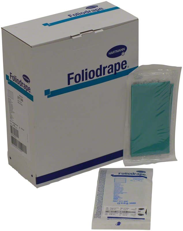 Foliodrape® Protect Abdecktuch-Verpackung und einzelnes steril verpacktes Tuch.