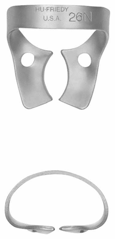 Kofferdam-Klammer Satin Steel Figur 26 für UK Molaren in silberner Farbe.