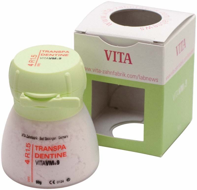Transpa Dentin 4R1.5 Zahnpulver in 50g-Behälter mit Verpackung.