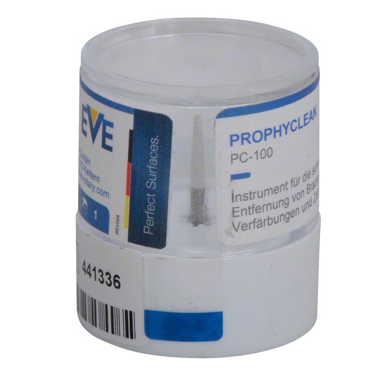 Weißer Dentalpolierer EVE PROPHYCLEAN® PC100 in zylindrischer Kunststoffverpackung mit Etikett.