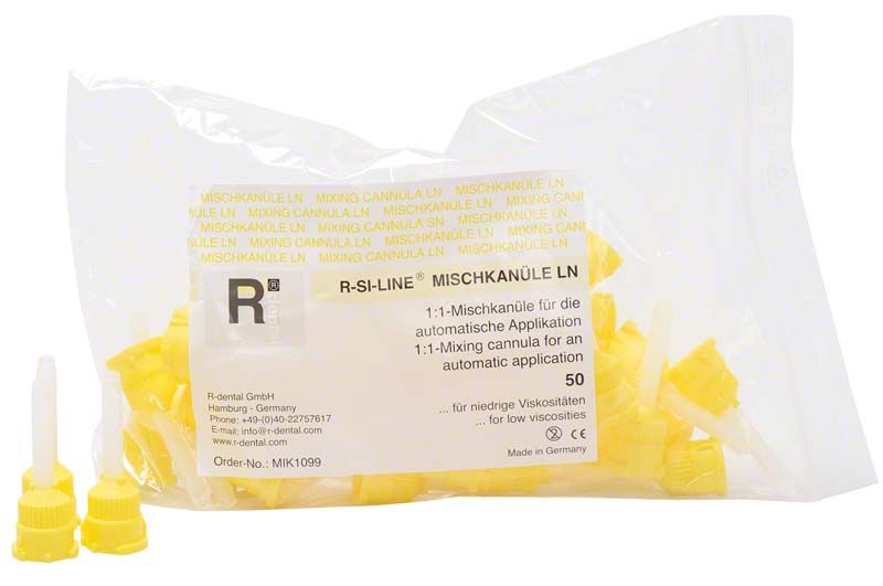 Gelbe Mischkanülen R-SI-LINE® mit Verschluss und weißer Innenspirale.