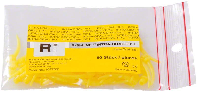 Beutel mit 50 gelben Intraoral-Tips von R-SI-LINE für Zahnanwendungen.