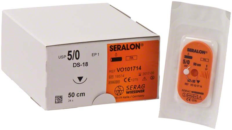Verpackung und Einzelverpackung von SERALON® blauem chirurgischem Nahtmaterial 5/0 DS18.