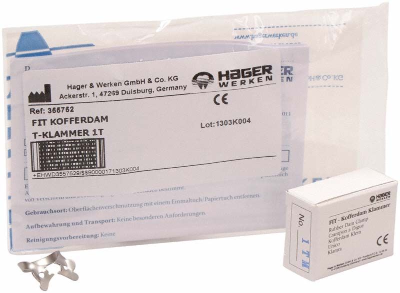 Verpackung der Fit-Kofferdam® T-Klammer 1T molar mit Klammeransicht.