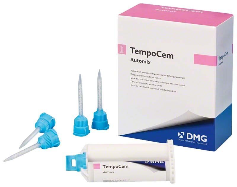 TempoCem Automix Kartusche mit Mischdüsen und Produktverpackung von DMG.