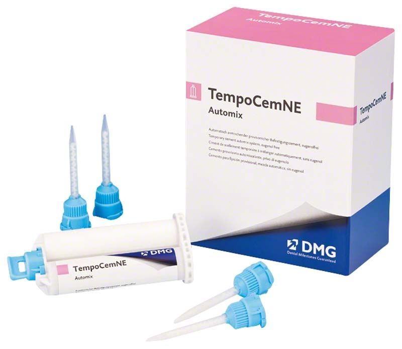 TempoCem NE Automix Kartusche und Verpackung mit blauen Mischspitzen.