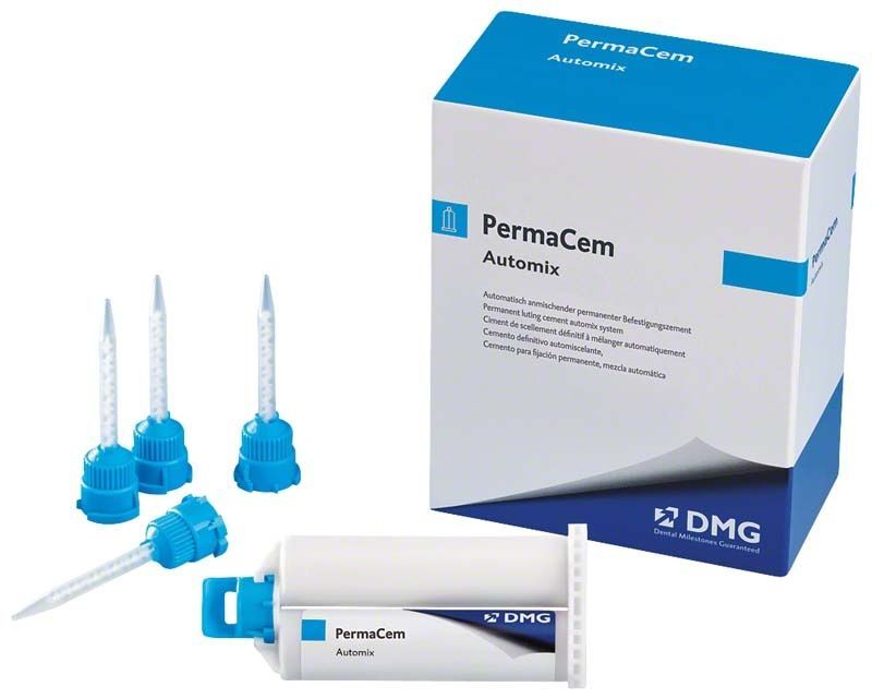 Permacem Automix Kartusche mit Verpackung und Mischkanülen.