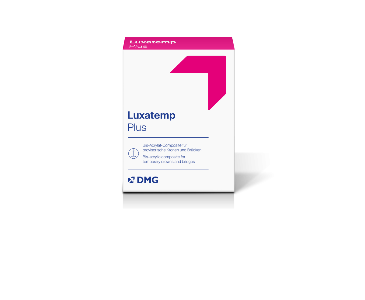 Luxatemp Plus Einführungspackung mit Produktinformationen auf der Verpackung.