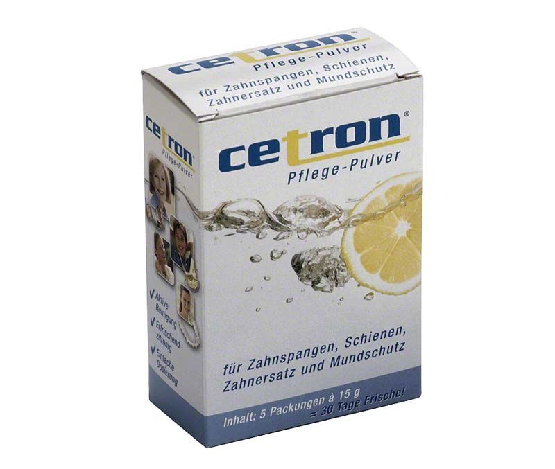 CETRON® Pflege-Pulver-Verpackung mit Zitronengrafik für Prothesenreinigung.