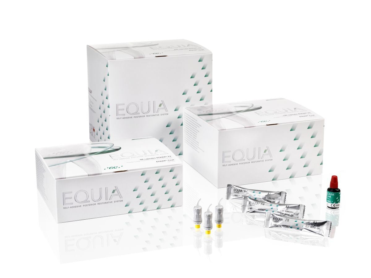 Equia Promo Pack A2-A3 mit drei Kartons, Kapseln und Flüssigkeit auf weißem Hintergrund.