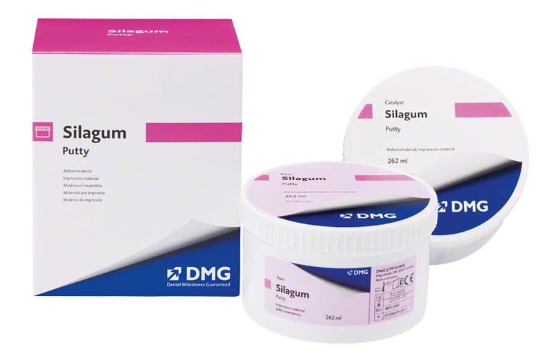 Silagum Dosen putty standard 2 x 262ml mit Verpackung und Dosen.