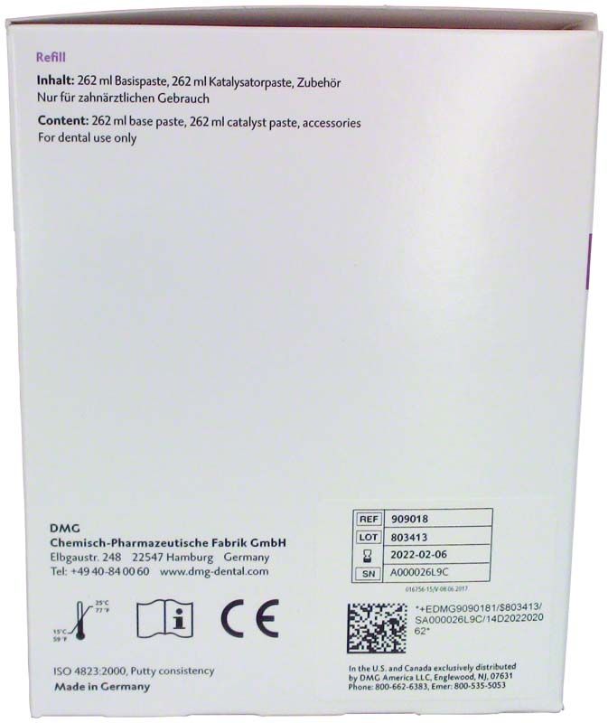 Rückseite der Silagum Dosen putty standard Verpackung mit Produktspezifikationen.