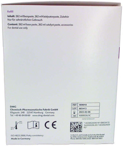 Rückseite der Silagum Dosen putty standard Verpackung mit Produktspezifikationen.