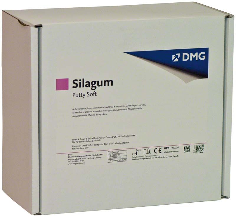 Silagum Dosen putty soft 8 x 262ml Verpackung von DMG für Dentalabformungen.