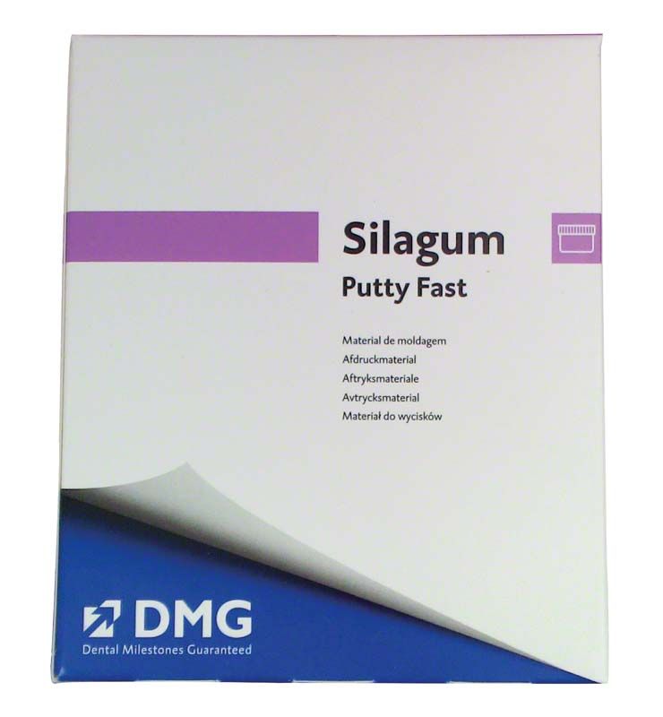 Silagum Dosen putty fast Verpackung mit DMG-Logo und lila Akzent.