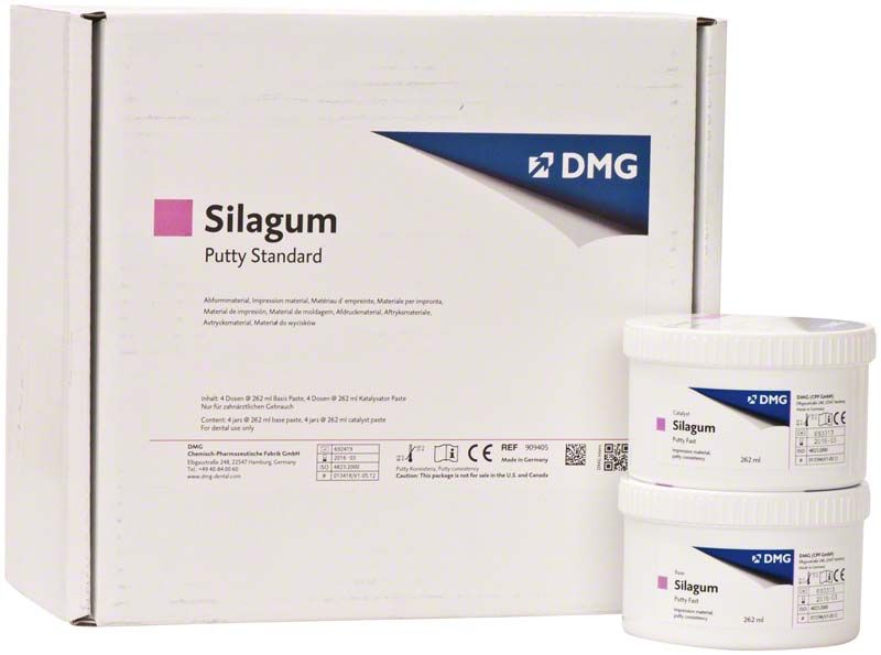 Silagum Dosen putty standard von DMG mit Verpackung und zwei Dosen.