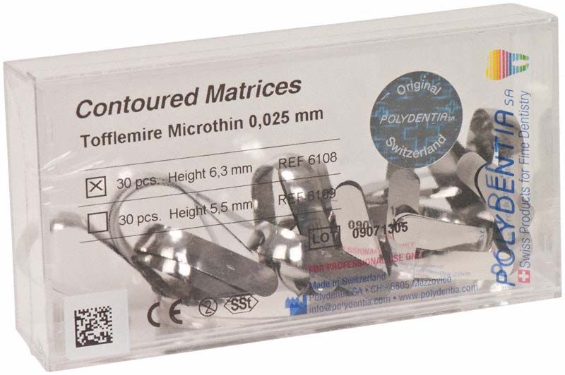 Verpackung mit 30 Tofflemire Matrizen für Zahnarztbedarf.