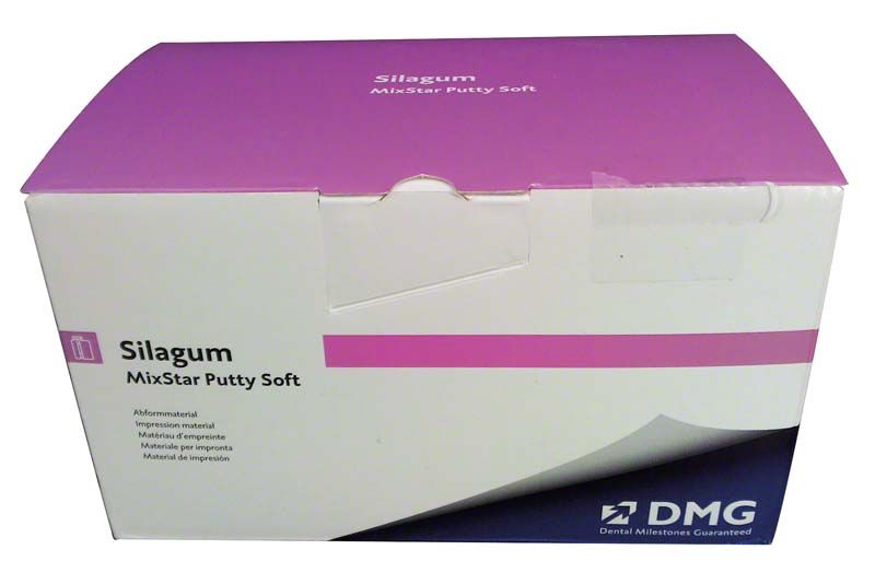 Silagum Mixstar Putty Soft Verpackung mit DMG-Logo auf weißem Hintergrund.