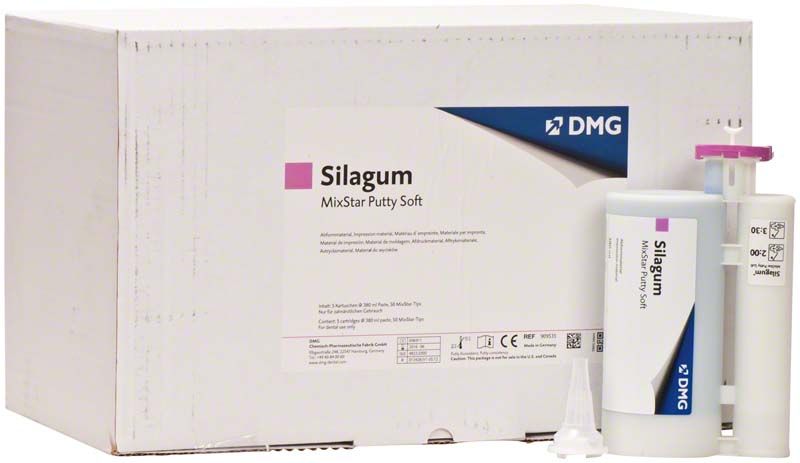 Silagum Mixstar Putty Soft Verpackung mit zwei Kartuschen und Zubehör.
