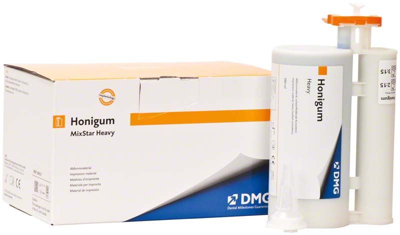 Honigum-Heavy MixStar Kartusche mit Verpackung für dentalmedizinische Anwendungen.