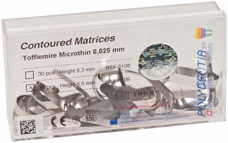 Tofflemire Matrizen aus Edelstahl in transparenter Verpackung.