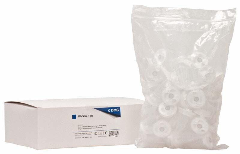 MixStar-Tips White Mischkanülen in Verpackung und durchsichtiger Beutel.