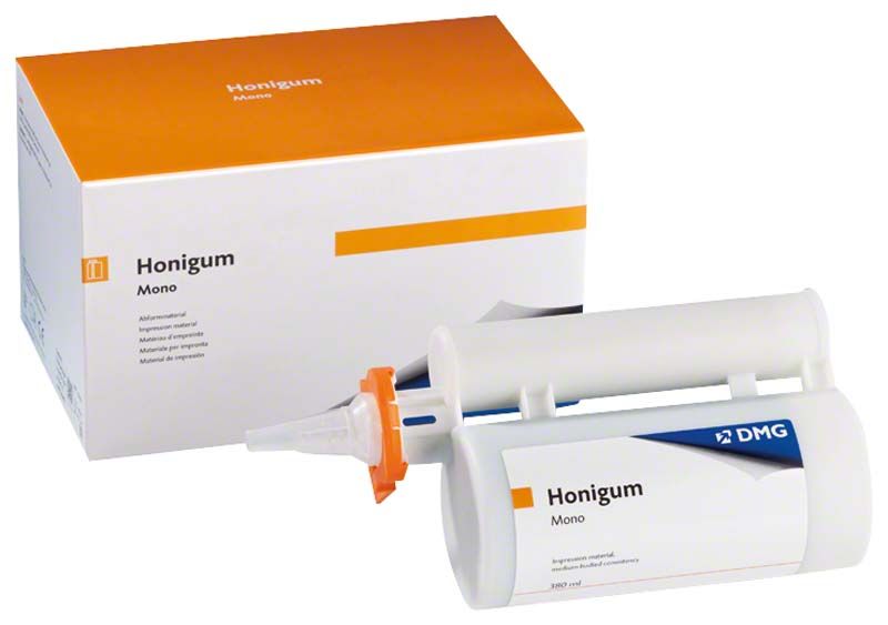 Honigum-Mono MixStar Kartusche und Verpackung für dentalmedizinische Abformungen.
