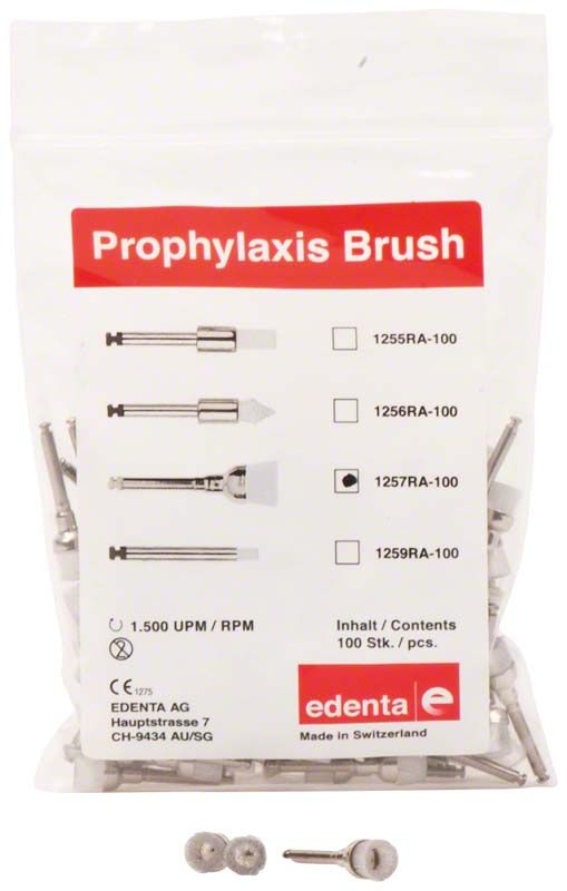 Prophylaxe Nylonbürsten weiß Kelch im Beutel mit Produktabbildungen.