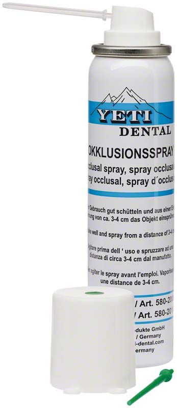 Okklusionsspray von Yeti Dental mit grünem Sprühkopf und Schutzkappe.