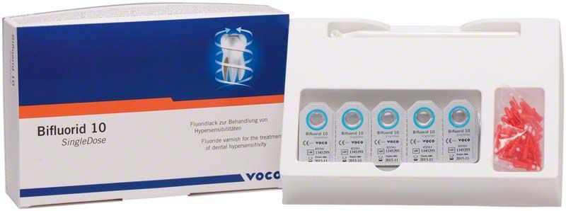 Bifluorid 10® SingleDose Verpackung mit fünf Fluoridlack-Behältern und Zubehör.