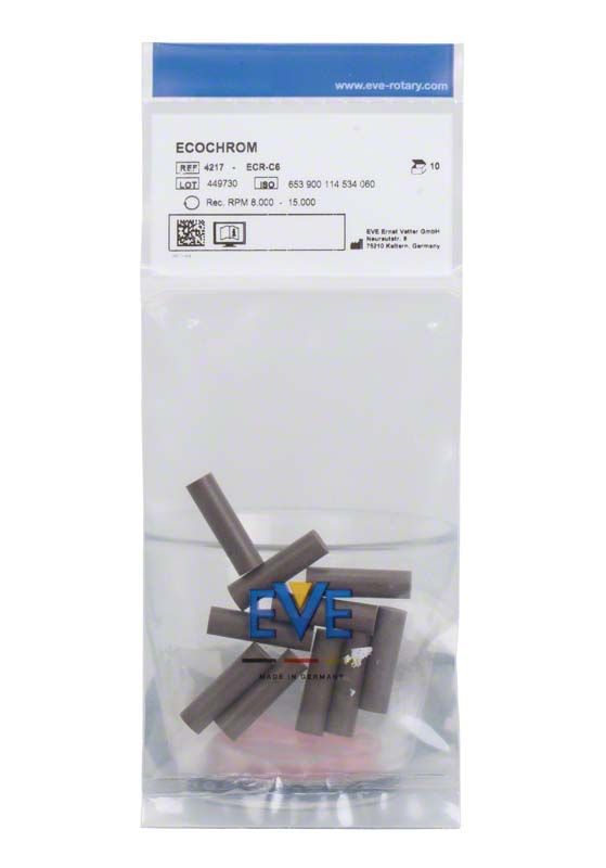 Verpackung mit zehn zylinderförmigen EVE ECOCHROM Filtern in durchsichtiger Tüte.