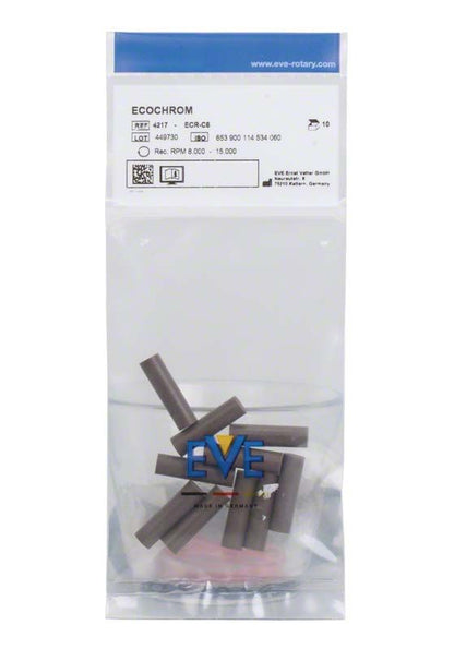 Verpackung mit zehn zylinderförmigen EVE ECOCHROM Filtern in durchsichtiger Tüte.