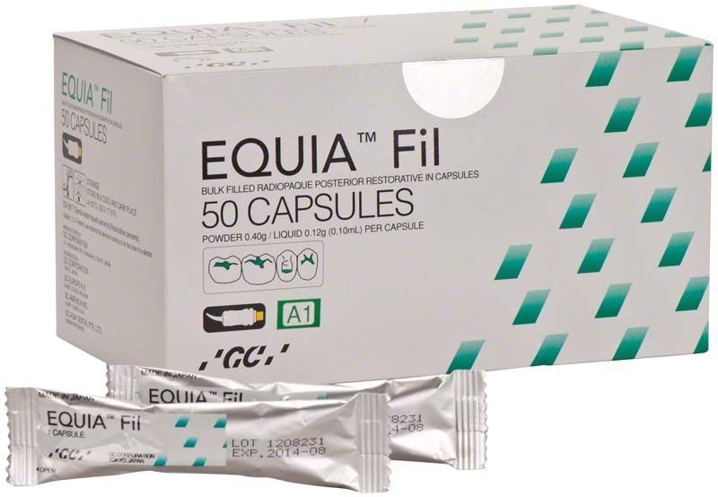 EQUIA Fil Refill A1, Verpackung mit 50 Kapseln für Zahnrestauration.