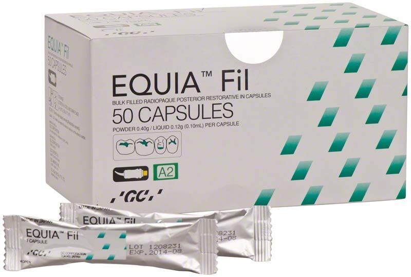 EQUIA Fil Refill A2 Verpackung mit 50 Kapseln für Zahnrestaurationen.