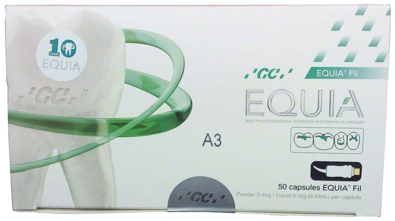 EQUIA Fil Refill A3 Verpackung mit dentalem Restaurationssystem.