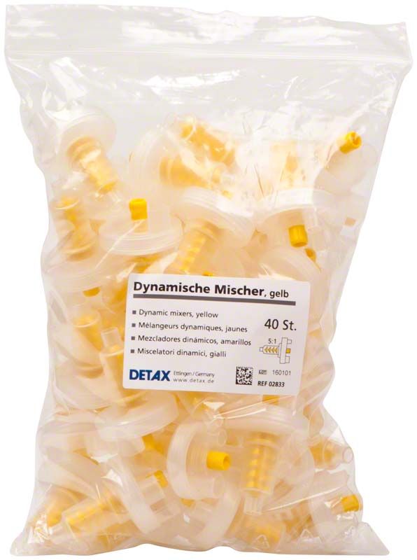 Transparente Packung mit gelben Dynamischen Mischern für dentale Anwendungen.