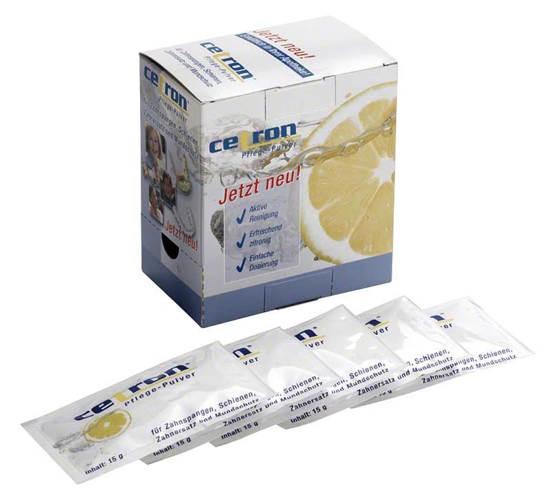CETRON® Reinigungspulver-Verpackung mit fünf Einzelbeuteln für Prothesenreinigung.