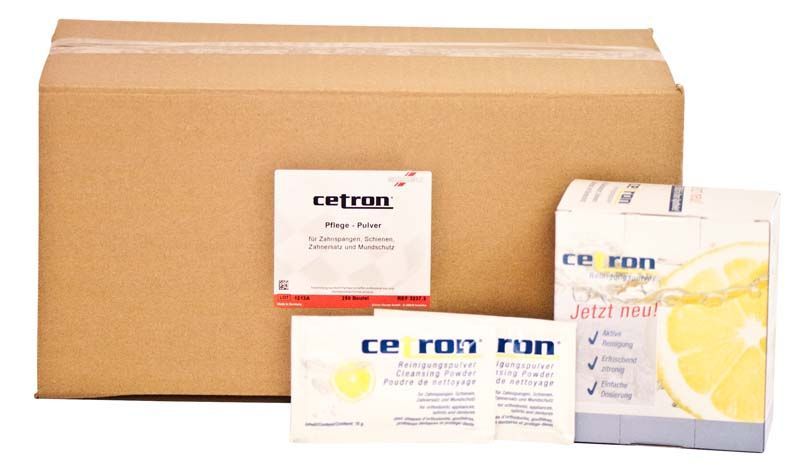CETRON® Reinigungspulver mit Einzelbeuteln und Verpackung für Zahnprothesenreinigung.