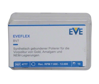 EVEFLEX Polierer Packung mit 10 Stück, Beschreibung und RPM-Bereich sichtbar.