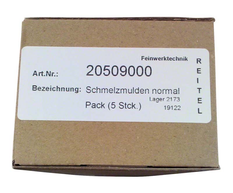 Kartonverpackung mit Etikett für Retocast Schmelzmulden normal, Packung mit 5 Stück.