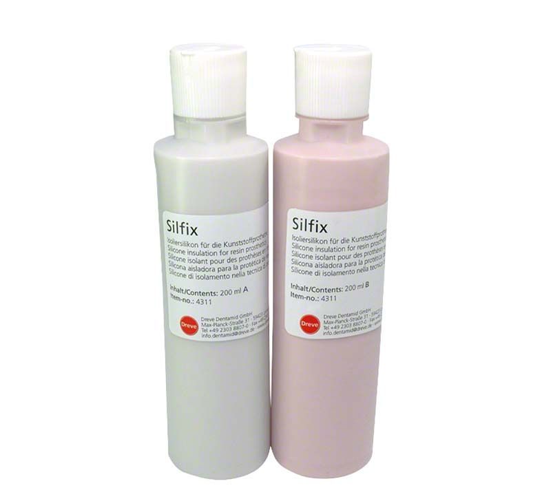 Zwei Dosierflaschen Silfix Isolierflüssigkeit, 200ml, in Weiß und Rosa.