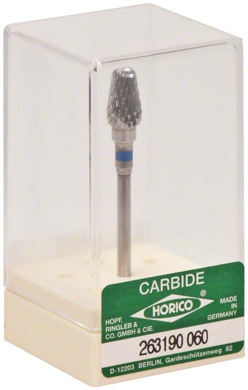 Hartmetallfräser mit Kreuzverzahnung und blauem Ring in transparenter Verpackung.