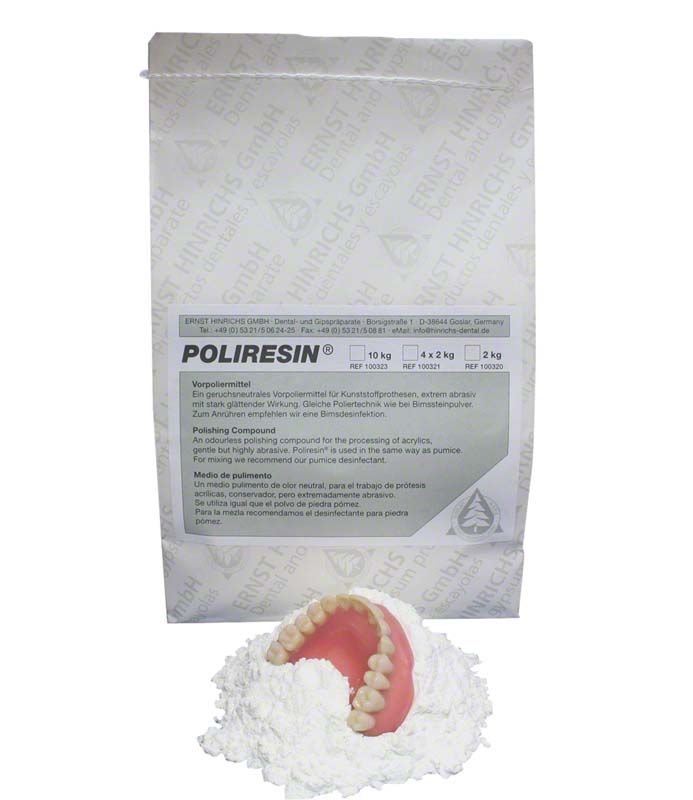 Poliresin® 2kg Beutel mit Kunststoffprothese und Poliermittel.