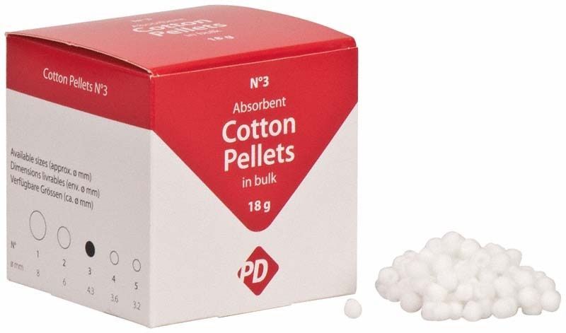 Wattekügelchen PD Wattekügelchen Gr. 3 18g neben Verpackung.