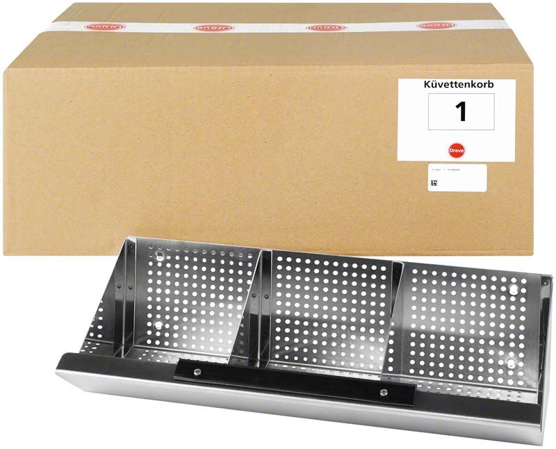 Küvettenkorb aus Metall mit drei Fächern vor braunem Karton.