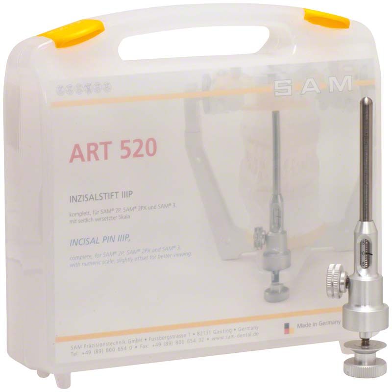 Inzisalstift IIIP Artikulator Zubehör vor transparentem Kunststoffkoffer.