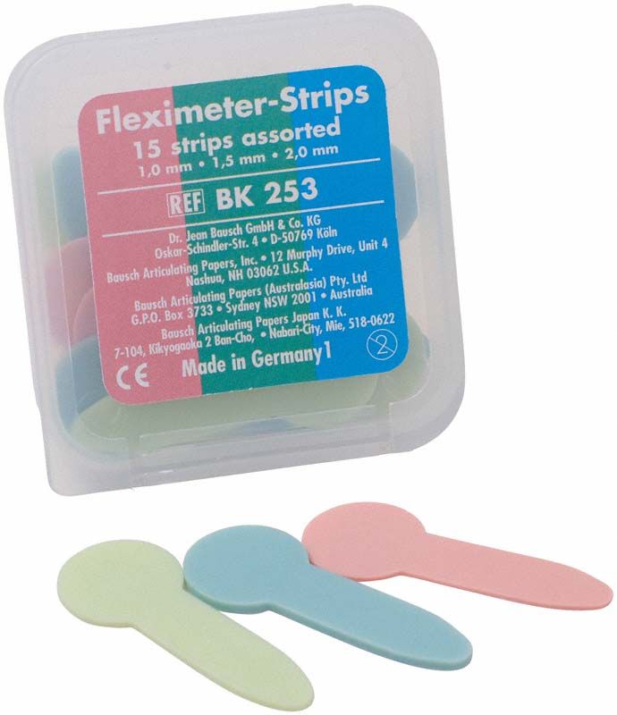 Fleximeter-Strips sortiert in Kunststoffbox mit drei farbigen Silikonstreifen.