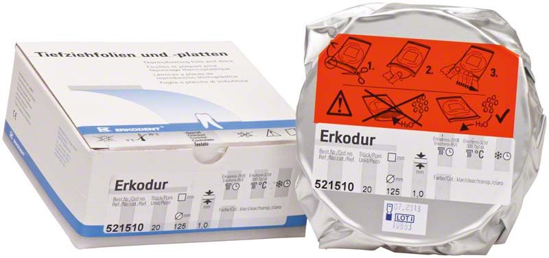 Erkodur Tiefziehfolie in klarer Verpackung mit Anleitungssymbolen.