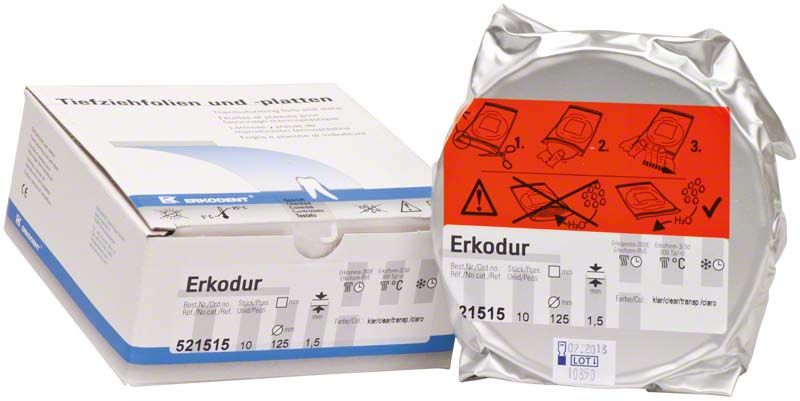 Erkodur Tiefziehfolien in Originalverpackung mit Anweisungen und Produktdetails.